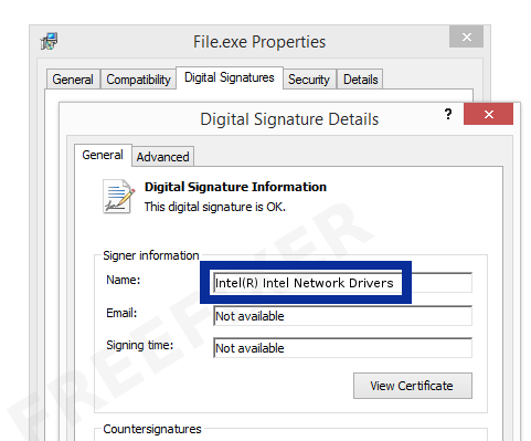 Screenshot of the Intel(R) Intel Network Drivers certificate